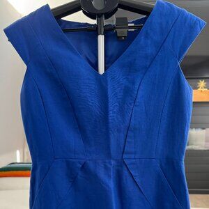 Calvin Klein cobalt blue linen-blend V-neck A-line dress with pockets 12P